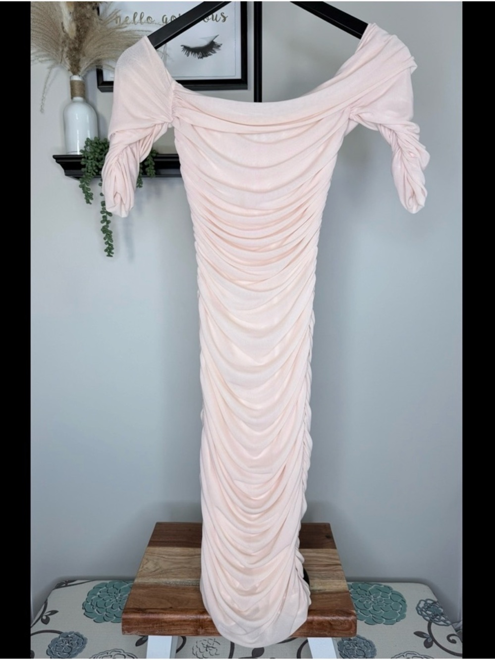 House of CB Blush Pink Ruched Off-Shoulder Midi Dress